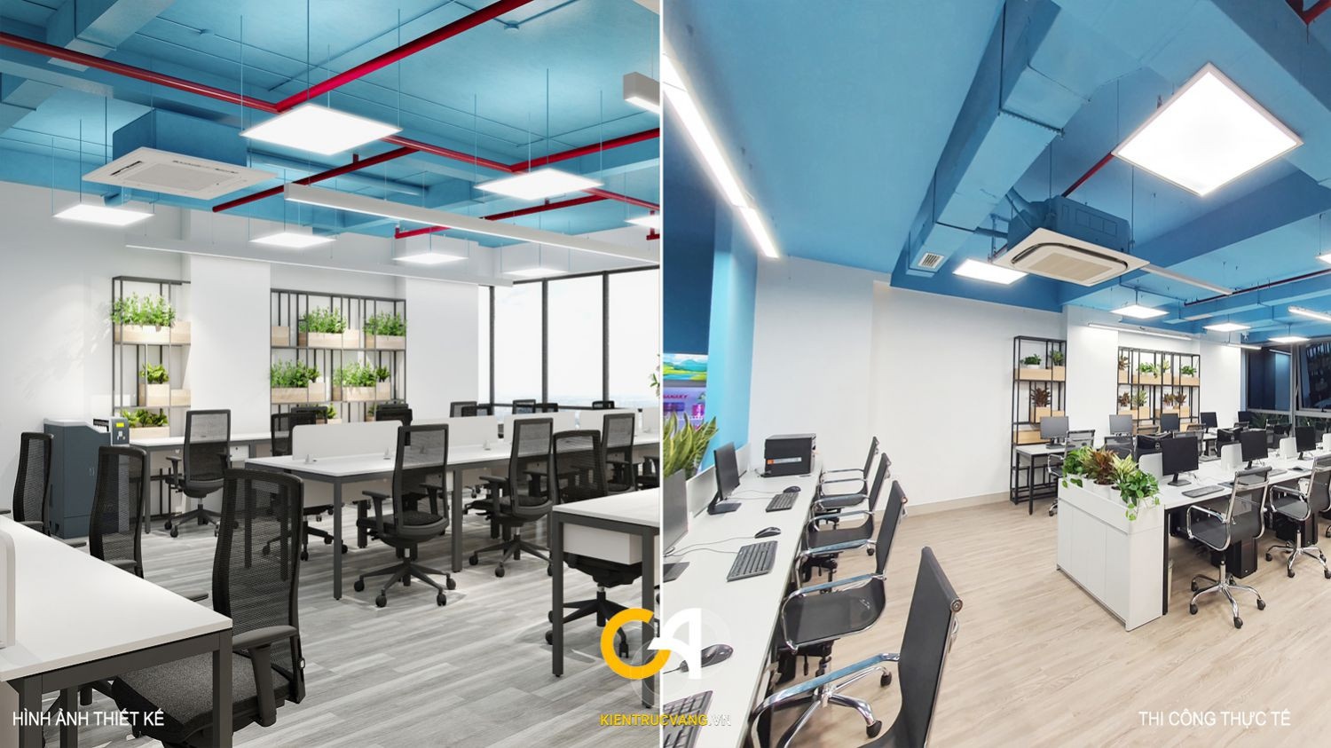 Thiết kế nội thất văn phòng so sánh 3D và thực tế